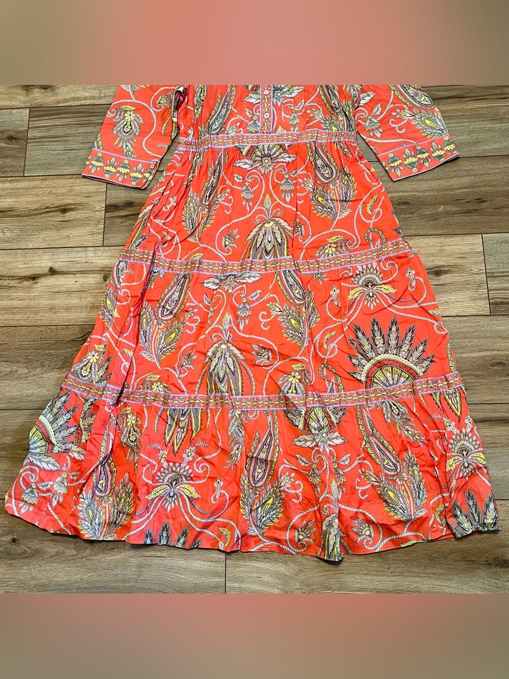 Gretchen Scott Damsel Plume Midi Maxi Dress Women’s Medium Boho Tiered Coral - Picture 3 of 11